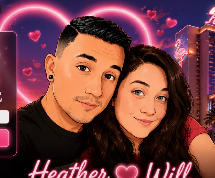 Cute cartoon of Heather and Will together in Las Vegas